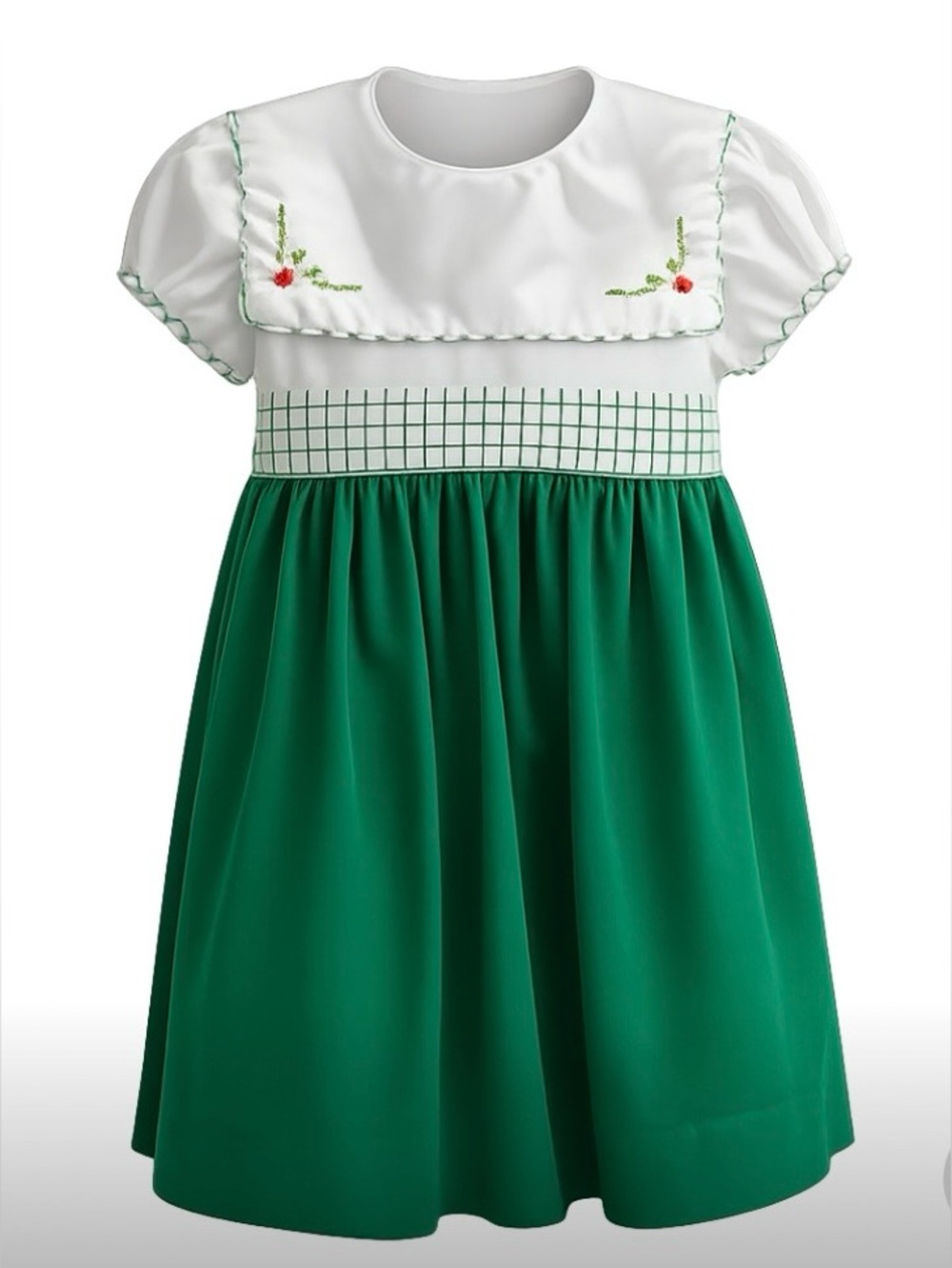 Lulu Bebe Girls 4T Dress Green Embroidered White Collar Puff Sleeves Christmas